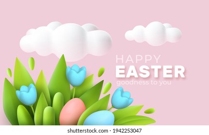 Trendy Realistic Easter greeting card, banner with flowers, Easter eggs and clouds. Spring floral Modern graphic concept. Vector illustration EPS10