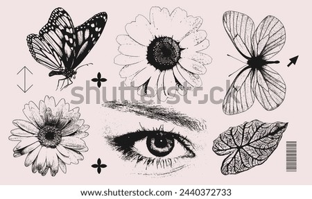 Trendy realistic Elements set with vintage photocopy effect. Vintage y2k styled Eye, butterflies, flower, leaf. Grain effect and stippling. Vector grunge texture.