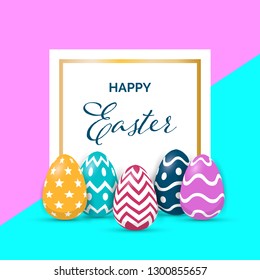 Trendy realistic gift card with colorful easter in 3d style. Vector illustration for poster, card, label, banner design.