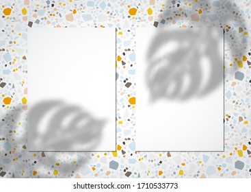 Trendy realistic paper 5x7 inches proportion mock up invitation with black shadow overlay plant on terrazzo seamless background. Vector realistic illustration.