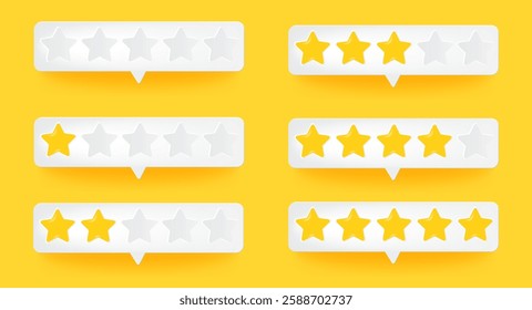 Trendy realistic star shape rating and review icon with level scale, featuring a slide for social reactions and customer satisfaction.Survey and product feedback concept. Vector illustration