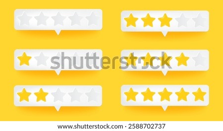 Trendy realistic star shape rating and review icon with level scale, featuring a slide for social reactions and customer satisfaction.Survey and product feedback concept. Vector illustration