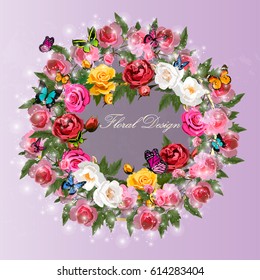 Trendy realistic vector illustration of rose bush or bouquet of roses. Spring or summer design, original floral template of invitation