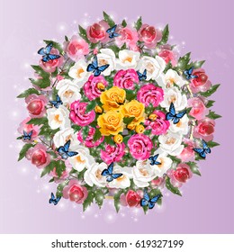 Trendy realistic vector illustration of rose bush or bouquet of roses. Spring or summer design, original floral template of invitation