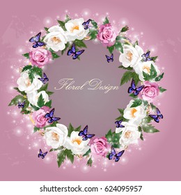 Trendy realistic vector illustration of rose bush or bouquet of roses. Spring or summer design, original floral template of invitation