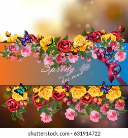 Trendy realistic vector illustration of rose bush or bouquet of roses. Spring or summer design, original floral template of invitation