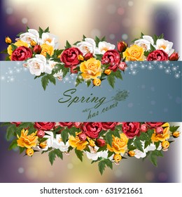 Trendy realistic vector illustration of rose bush or bouquet of roses. Spring or summer design, original floral template of invitation