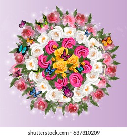 Trendy realistic vector illustration of rose bush or bouquet of roses. Spring or summer design, original floral template of invitation