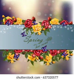 Trendy realistic vector illustration of rose bush or bouquet of roses. Spring or summer design, original floral template of invitation