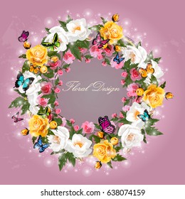 Trendy realistic vector illustration of rose bush or bouquet of roses. Spring or summer design, original floral template of invitation