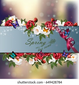 Trendy realistic vector illustration of rose bush or bouquet of roses. Spring or summer design, original floral template of invitation