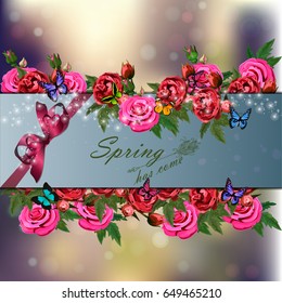 Trendy realistic vector illustration of rose bush or bouquet of roses. Spring or summer design, original floral template of invitation