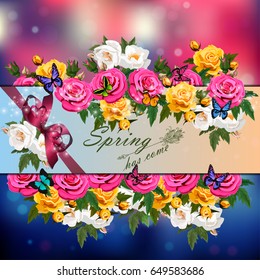 Trendy realistic vector illustration of rose bush or bouquet of roses. Spring or summer design, original floral template of invitation