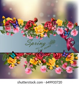 Trendy realistic vector illustration of rose bush or bouquet of roses. Spring or summer design, original floral template of invitation