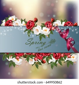 Trendy realistic vector illustration of rose bush or bouquet of roses. Spring or summer design, original floral template of invitation