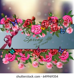 Trendy realistic vector illustration of rose bush or bouquet of roses. Spring or summer design, original floral template of invitation