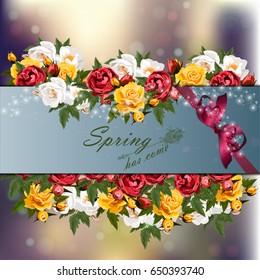Trendy realistic vector illustration of rose bush or bouquet of roses. Spring or summer design, original floral template of invitation