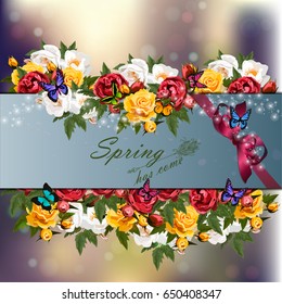Trendy realistic vector illustration of rose bush or bouquet of roses. Spring or summer design, original floral template of invitation