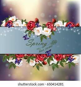 Trendy realistic vector illustration of rose bush or bouquet of roses. Spring or summer design, original floral template of invitation