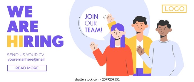 Trendy recruitment banner design with flat style diverse people characters. We are hiring template for post, flyer etc. Vector illustration. Open vacancy design template concept. Join Our Team. 