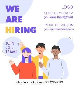 Trendy recruitment banner design with flat style diverse people characters. We are hiring template for post, flyer etc. Vector illustration. Open vacancy design template concept. Join Our Team. 