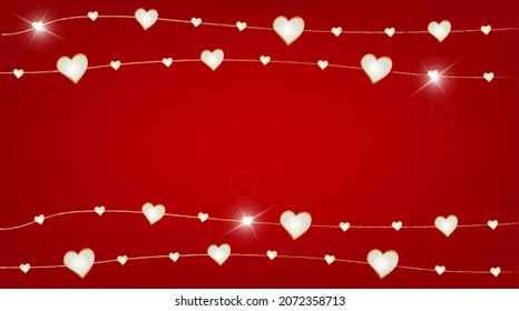 Fondo rojo de moda con guirnaldas de corazones. Estilo de lujo moderno. Cartel de Feliz Día de San Valentín. Afiche horizontal, pancarta, encabezado del sitio web