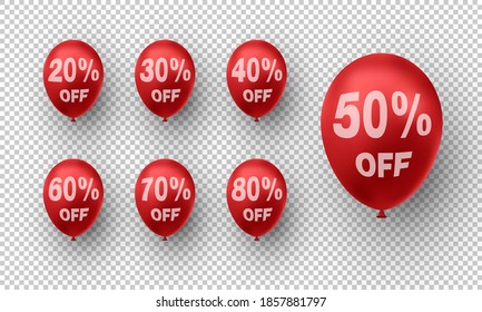 Trendy red balloons with discounts percentage. Vector illustration.