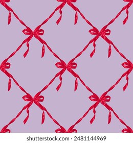 Trendy red bows on a light purple background. Satin ribbon bows in the form of a mesh. Popular print for clothing, decoration and wrapping paper, etc. Vector seamless pattern.