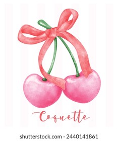 Cerezas de Coqueta Rojas de Moda con lazo de cinta, dibujo estético de acuarela a mano