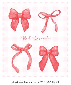 Trendy Red Coquette ribbon bow set aesthetic watercolor hand drawing