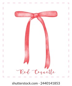 Trendy Red Coquette ribbon bow, aesthetic watercolor hand drawing