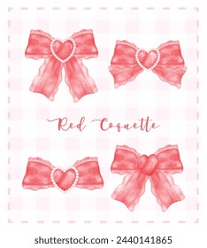 Trendy Red Coquette ribbon bow lace, Victoria aesthetic watercolor hand drawing