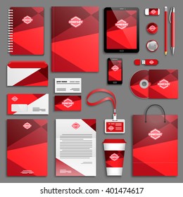 Trendy red Corporate identity template set. Business stationery mock-up with logo. Branding design. Colorful geometric background.