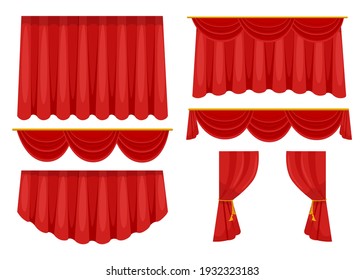 Trendy red curtains flat pictures collection. Cartoon fabric drapery for stage background in movie or opera isolated vector illustrations. Decoration and interior elements concept