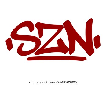 Grafite vermelho da moda tag "Szn" com estilo de gotejamento limpo e fundo transparente. Abreviação de "season" (estação), usada em gírias para marcar fases ou estados de espírito.