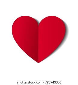 Trendy Red Heart Icon with Shadow. Vector Illustration. Realistic Paper Cut Style. Beautiful Modern Icon isolated on White Background. Decorative Design for Weddings and Valentines Day.