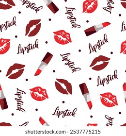 Lábios Vermelhos da Moda e Padrão sem Costura Lipstick. Perfeito para projetos relacionados à beleza. Quer você esteja projetando para moda, embalagens de maquiagem ou marca pessoal