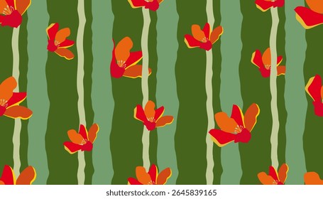 Trendy red orange floral seamless pattern with vertical stripes. Modern flowers print design for fabric, textiles, clothing, packaging, cover, banner, home decor and backgrounds. Vector illustrations.