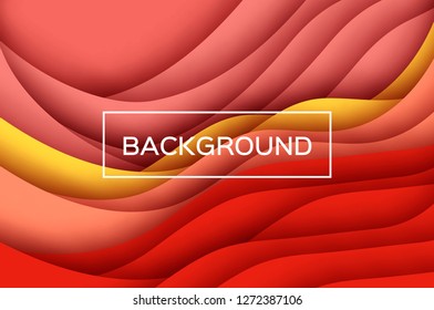 Trendy Red Paper Cut Wave Shapes Banner. Origami layered curve design for business presentations, flyers, posters. Gorizontal 3D abstract map carving. Text. Rectangle Frame.