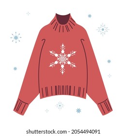 Trendy red warm knitted sweater decorated with a snowflake for a man or a woman. Modern clothing for spring, autumn or winter. Simple vector illustration in flat style isolated. Winter clothes