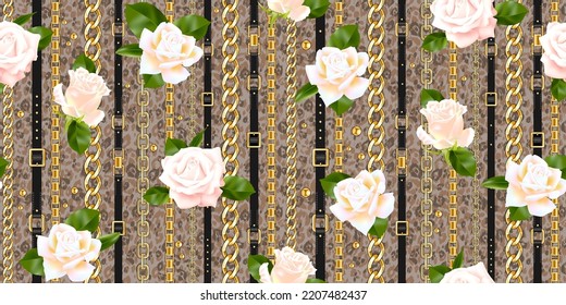 Impresión repetida de moda con rosas. Cinturones, rosas blancas y cadenas doradas sobre un patrón de leopardo texturado sin costura para tela.