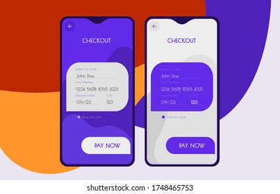 Trendy responsive mobile UI templates of check out and payment mobile app template with smartphone mockups