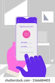 Trendy responsive Sign Up and Registration UI mockups holdingby human hand
