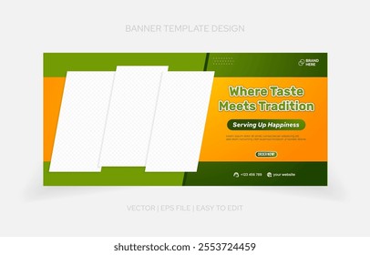 Trendy restaurant banner template featuring bold graphic designs, vibrant food photography, and customizable text options.
