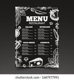 Trendy restaurant menu in an unusual style of drawing with vegetables around the edges is perfect for your business