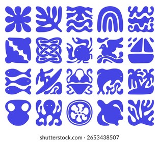 Ícones de verão abstratos inspirados nos anos 70 da moda em azul arrojado. O conjunto inclui ondas, arco-íris, surfista, animais marinhos, plantas e elementos de praia. Estilo orgânico desenhado à mão para design moderno.