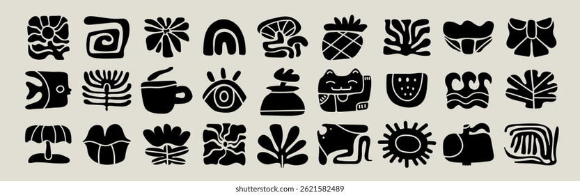 Trendy retro 70s-inspired groovy floral Matisse-style summer elements with leaf shapes, flowers, fish, fruit, rainbow, sea and sun. A vibrant blend of organic shapes and modern design. Vector. 