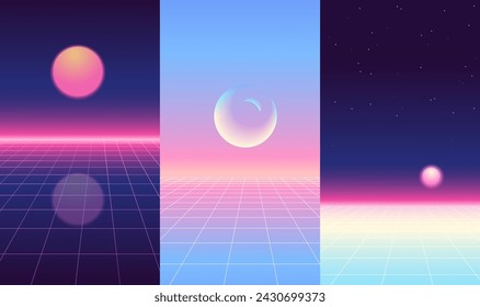 Trendy Retro 80s, 90s backgrounds set with laser grid, space, sum and moon. Neon sci-fi abstract backdrop templates collection. Vector illustration