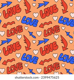 Trendy retro 90s style seamless pattern with lettering. Hand drawn word in bubble, street style graffiti and y2k style. Herts and arrows. Perfect for Valentines decoration, background.