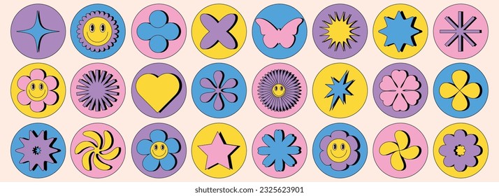 Trendy retro abstract shapes flower, star, heart, butterfly. Design elements for posters, stickers, web design in 2000s style. Vector illustration.